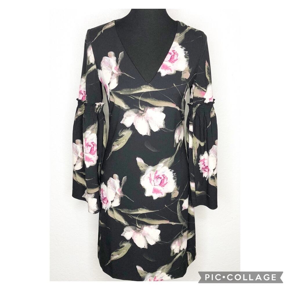 WHBM‎ black pink floral v neck bell sleeve dress size 0